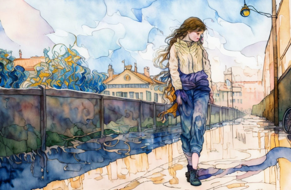 Young woman walking on cobblestone street by canal in watercolor