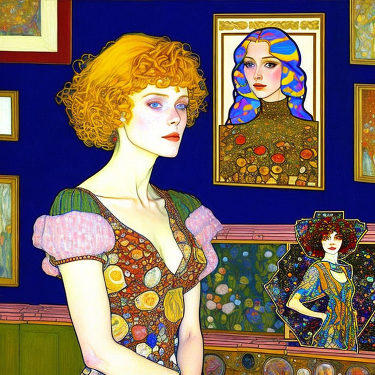 Colorful Art Nouveau-inspired portrait of woman with curly hair