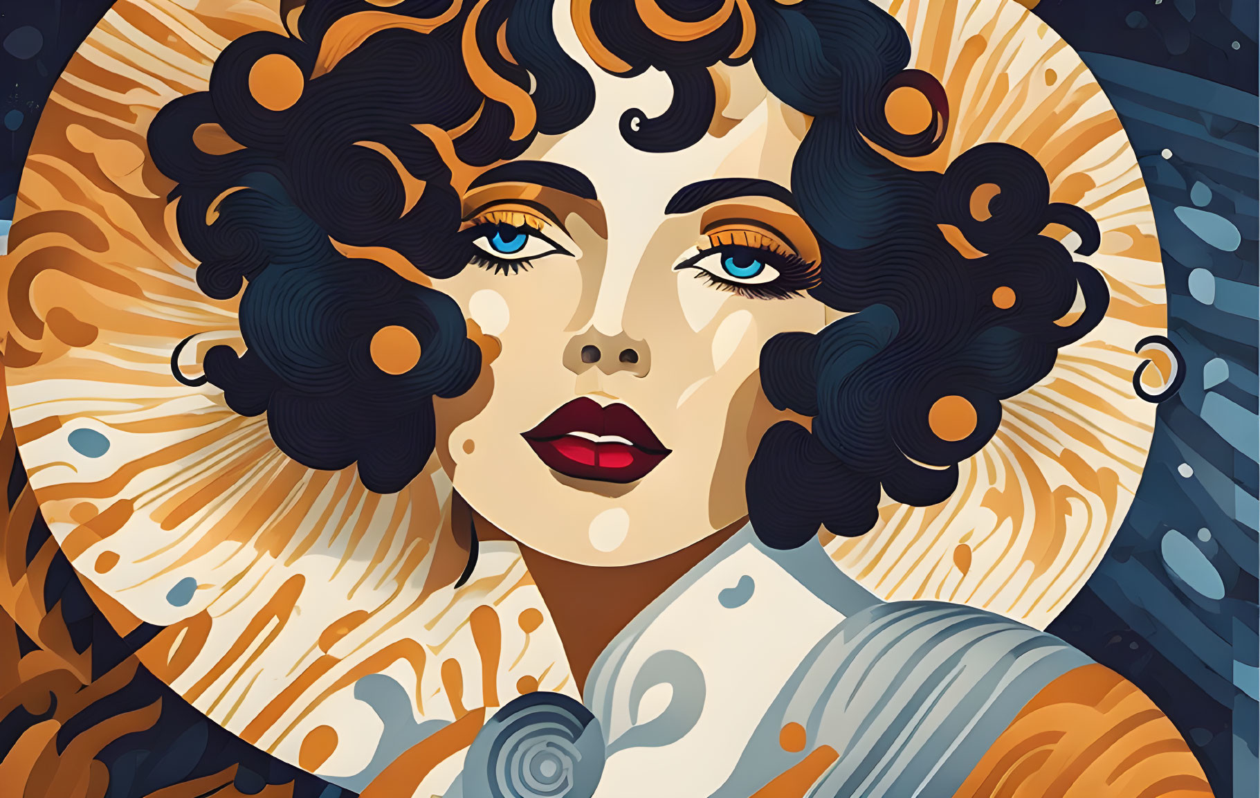 Stylized woman with curly black hair and blue eyes in golden abstract setting