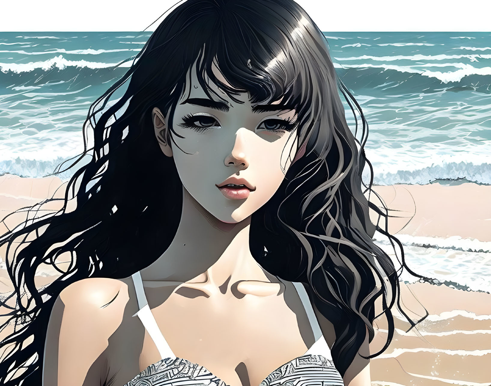 Dark-Haired Woman in White Top by Ocean Waves