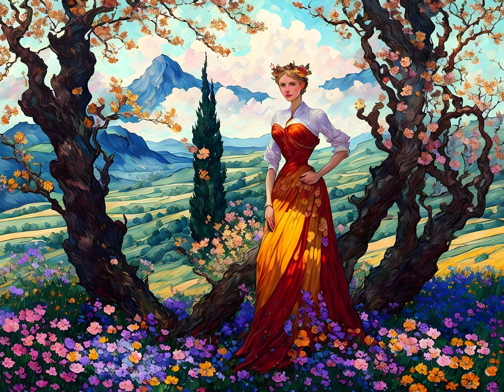 Vibrant landscape with woman in colorful dress and flowering trees