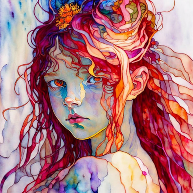 Colorful Watercolor Illustration of Young Girl with Red Hair