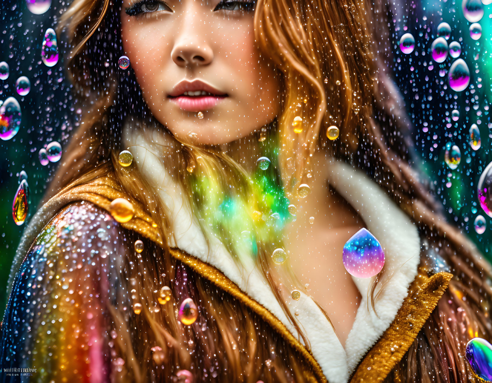 Red-haired woman in fur coat surrounded by colorful bubbles on blurred background