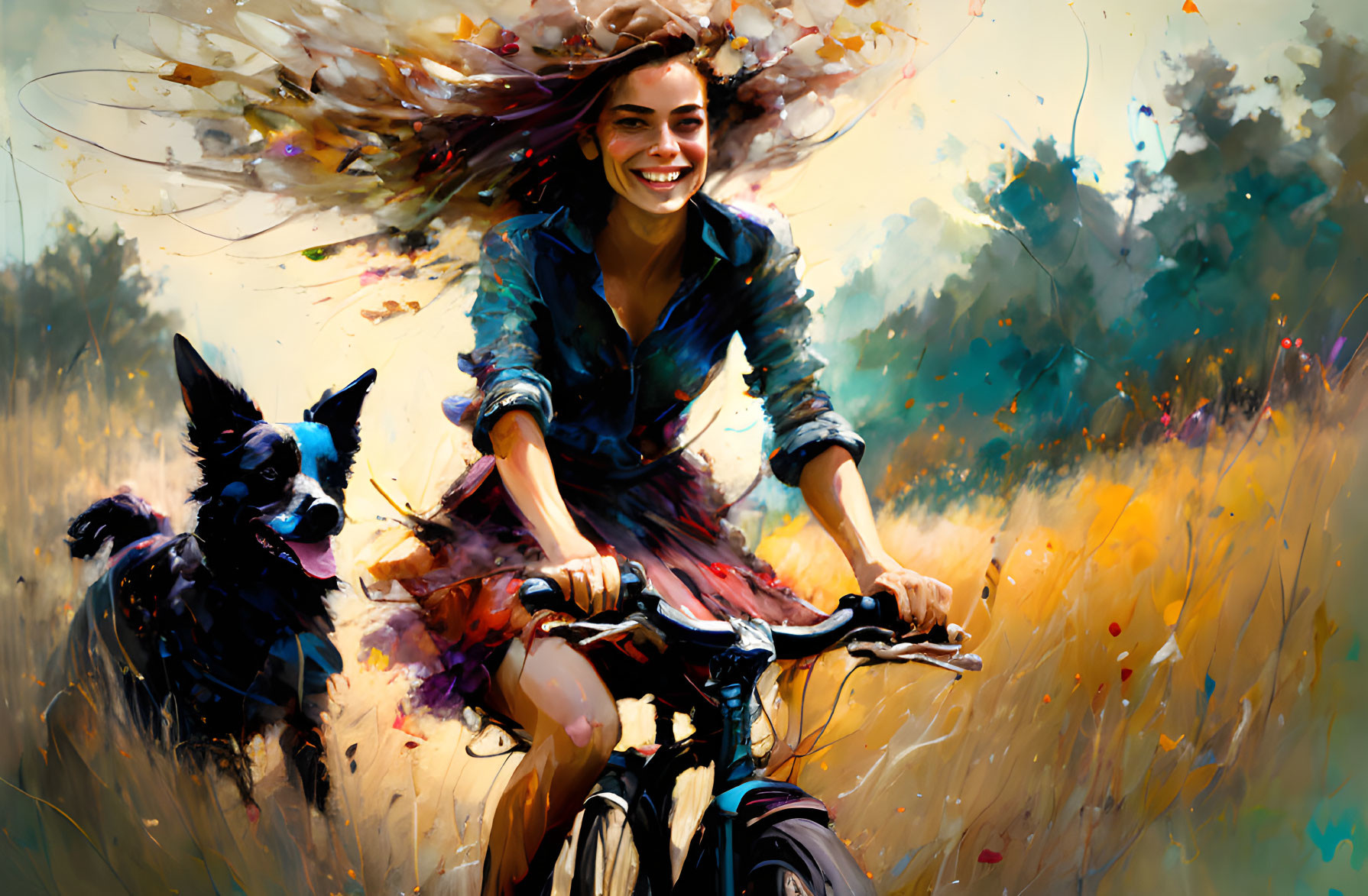 Colorful Impressionistic Painting of Woman Cycling with Dog