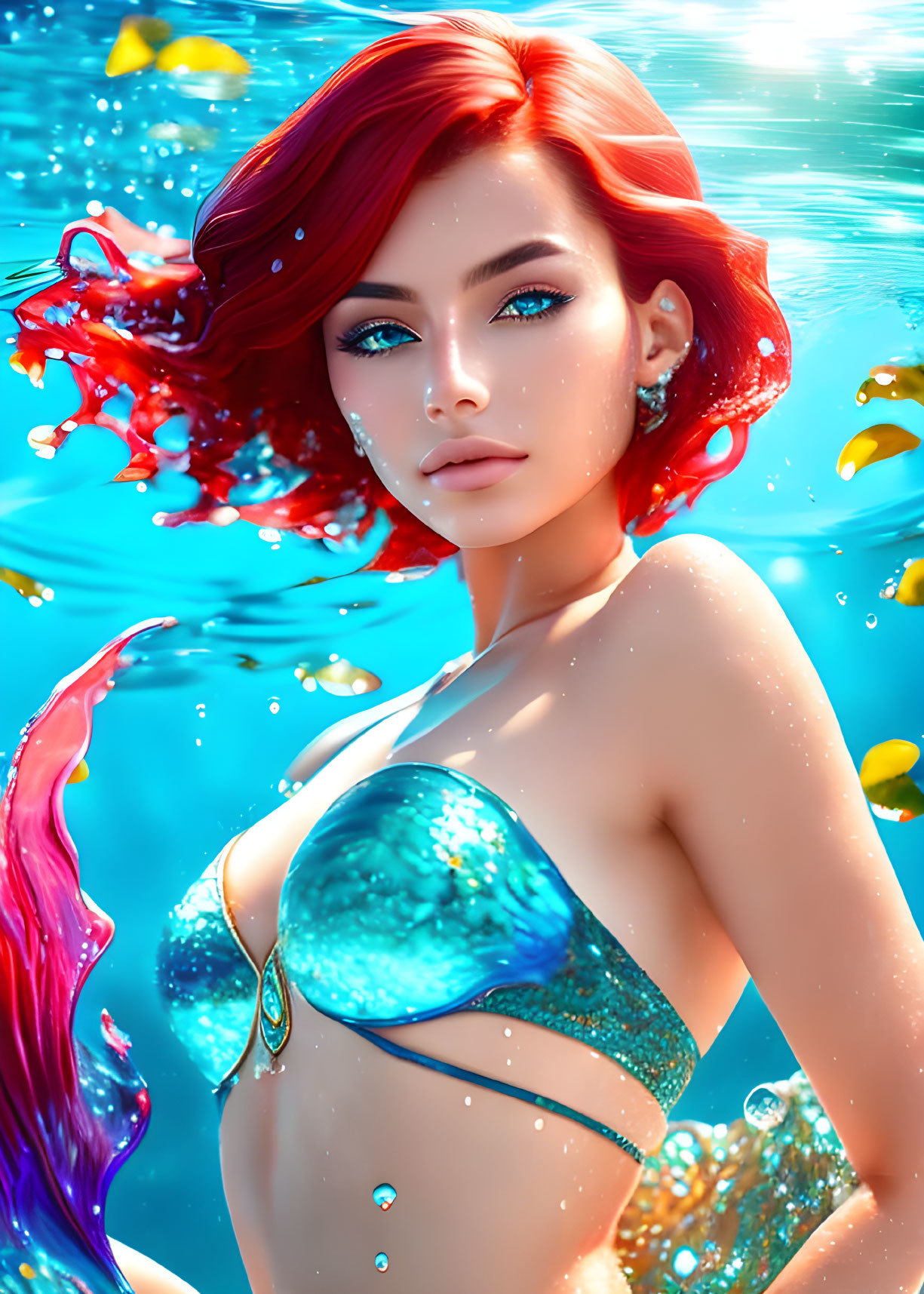 Mermaid digital art: vibrant red hair, blue scales, water, golden petals.