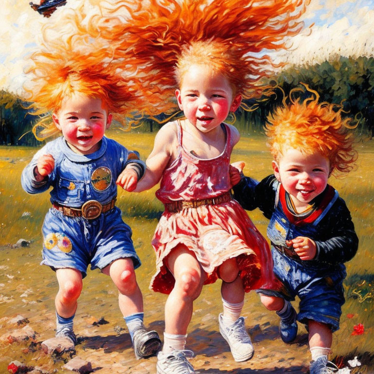 Three red-haired children running outdoors on a sunny day