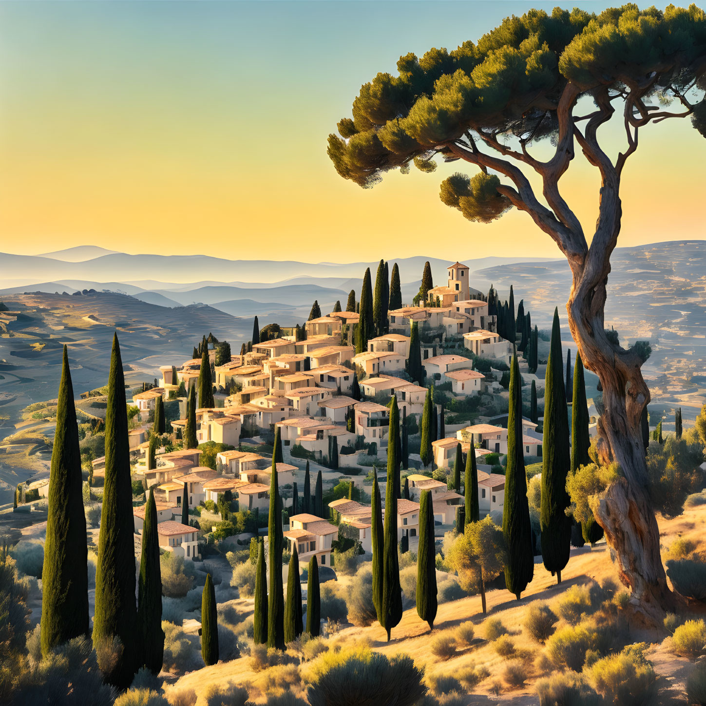 Sunset over Tuscan hilltop village surrounded by cypress trees