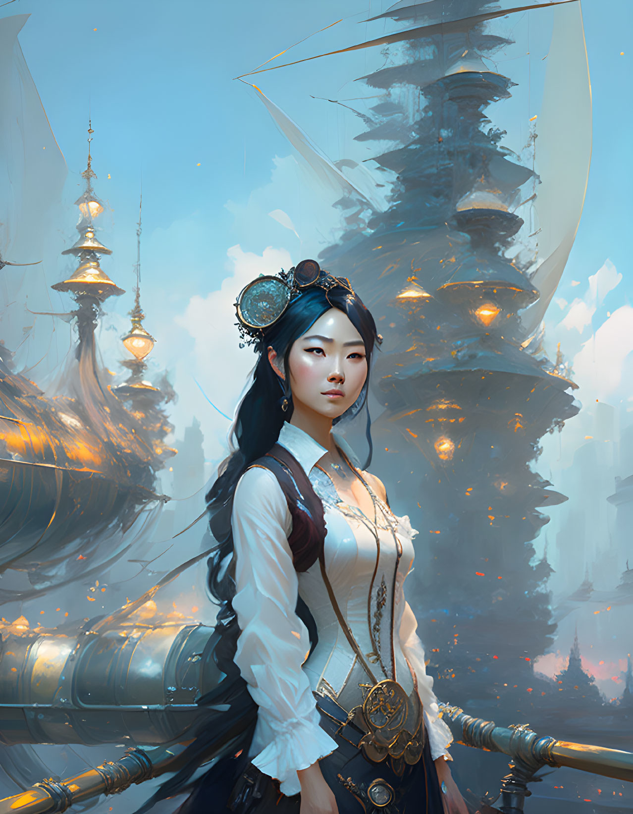 Steampunk woman in cityscape with airships.