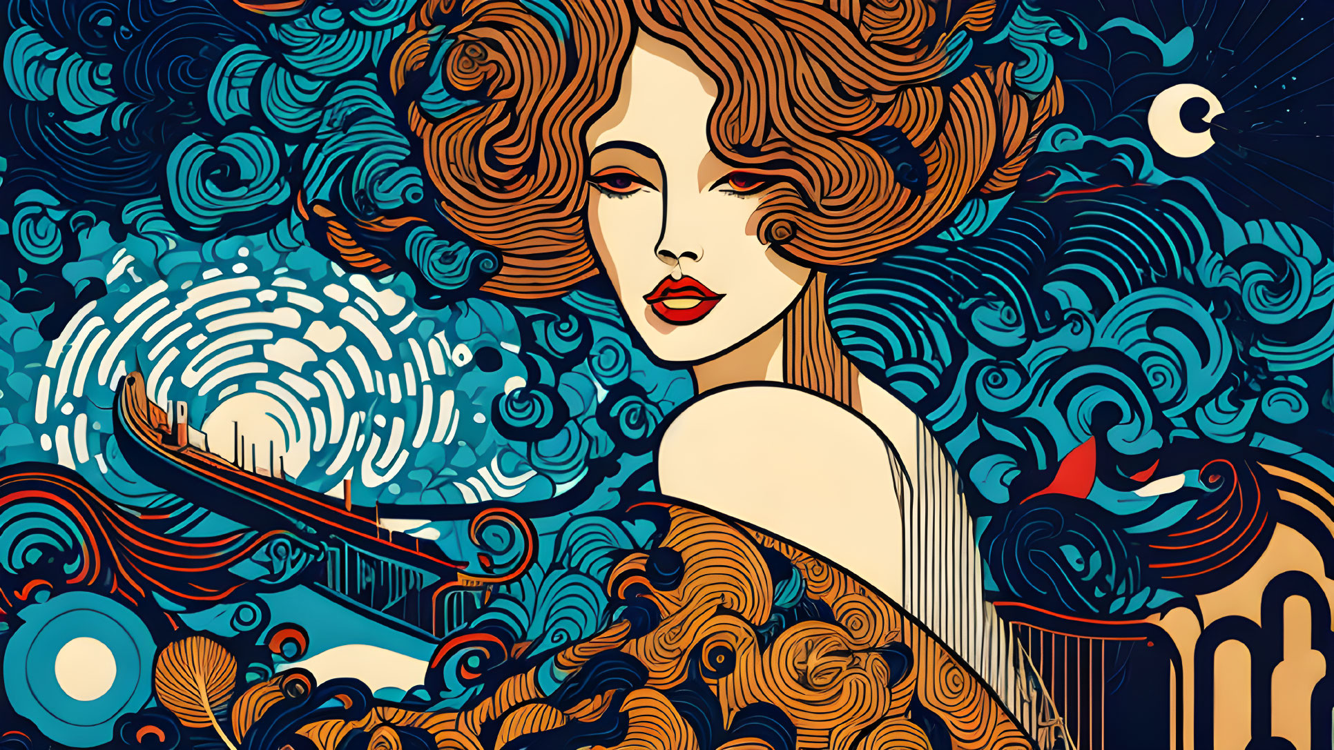 Vibrant illustration: Woman with curly hair in blue hues, celestial bodies, and fingerprint motifs