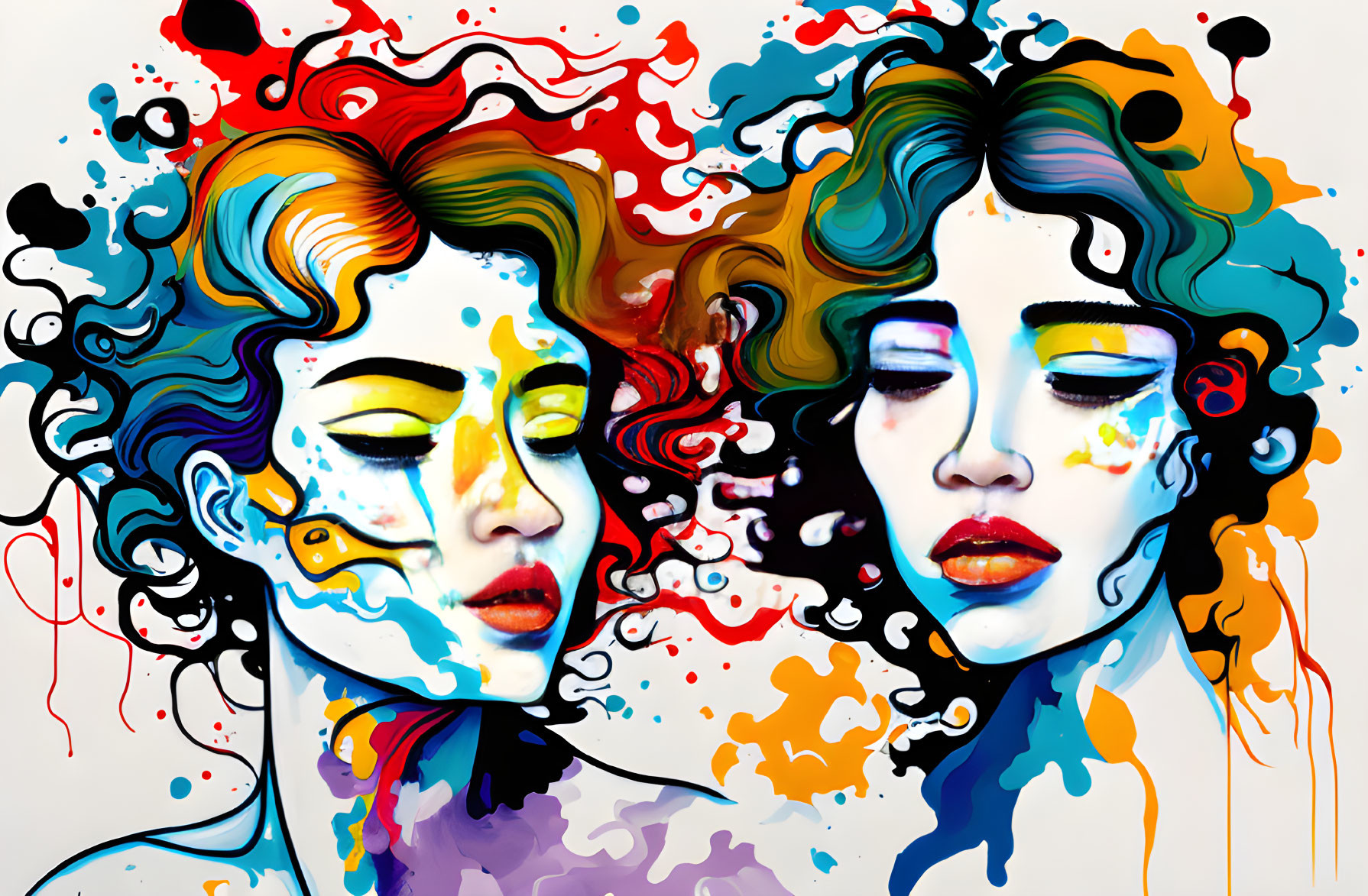 Colorful Stylized Women's Faces on White Background