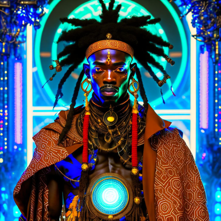 Regal figure with tribal face paint and jewelry in front of vibrant, technologically themed backdrop.