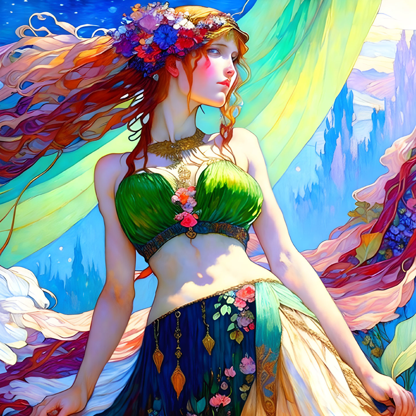 Vibrant illustration of woman with floral wreath in flowing skirt