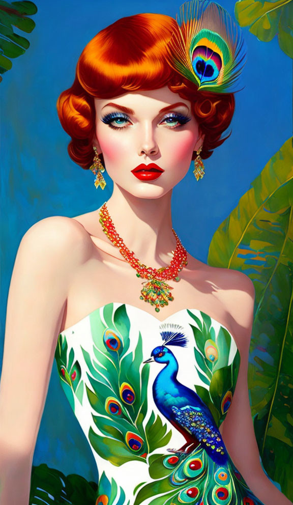 Illustration of woman with red hair in peacock-inspired attire