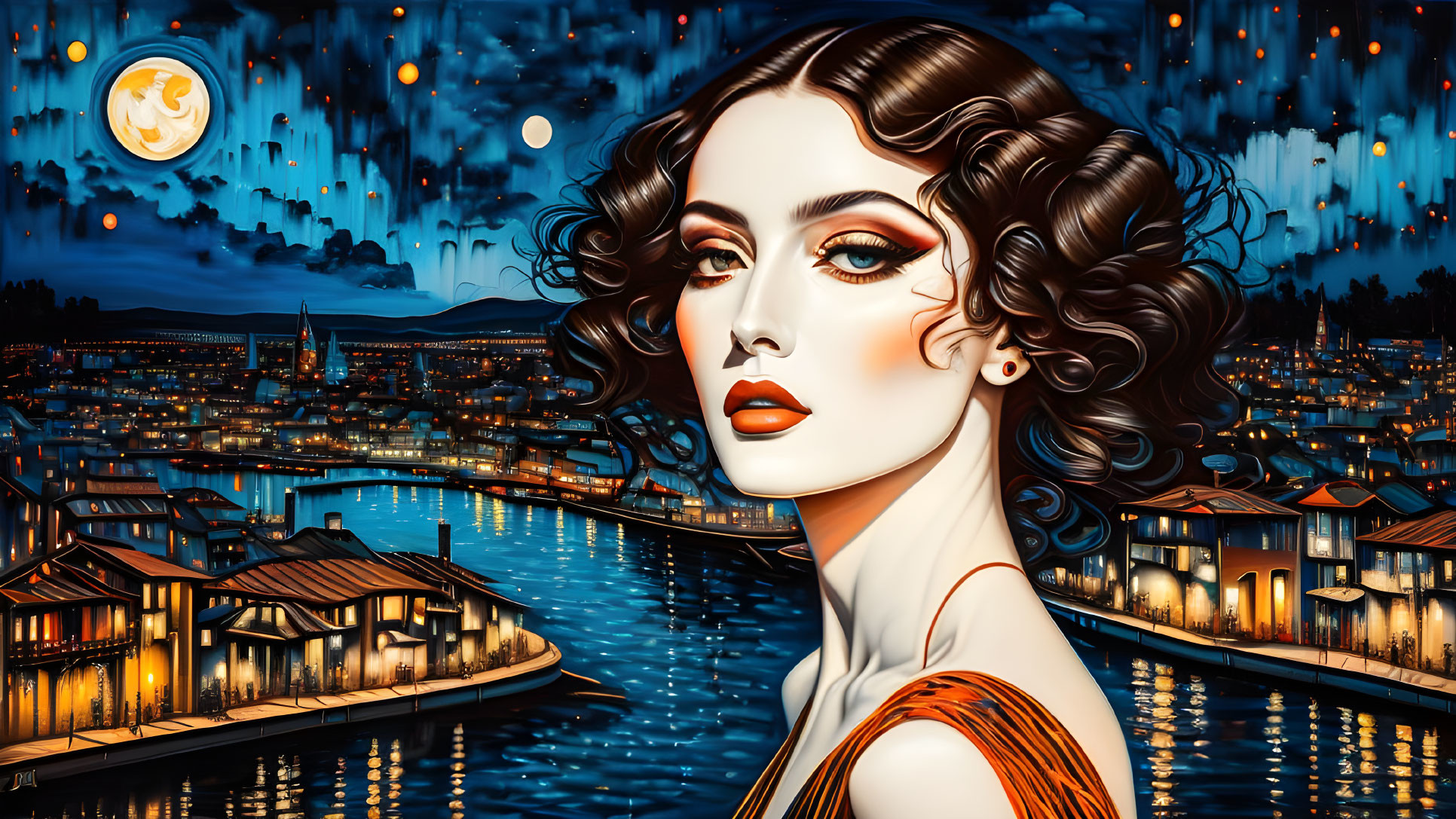 Curly-haired woman portrait over surreal night cityscape