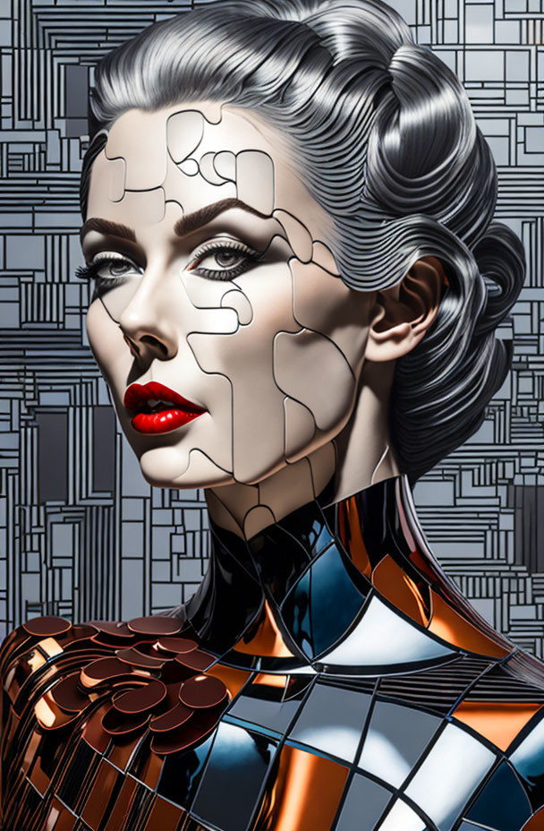 Stylized image of woman with puzzle-patterned face on metallic body in circuit background