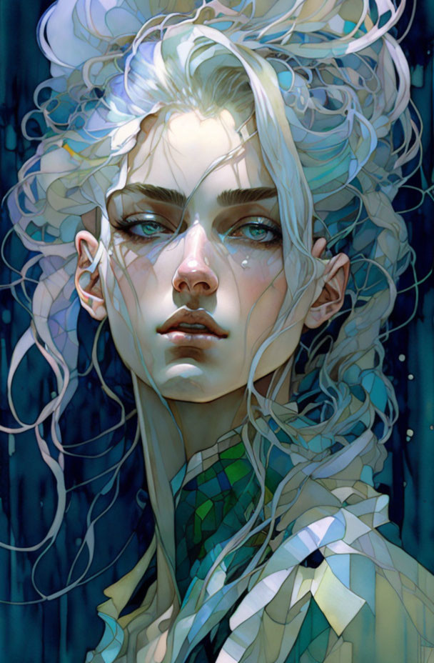 Fantasy digital artwork of a pale-skinned woman with blue eyes and white hair.