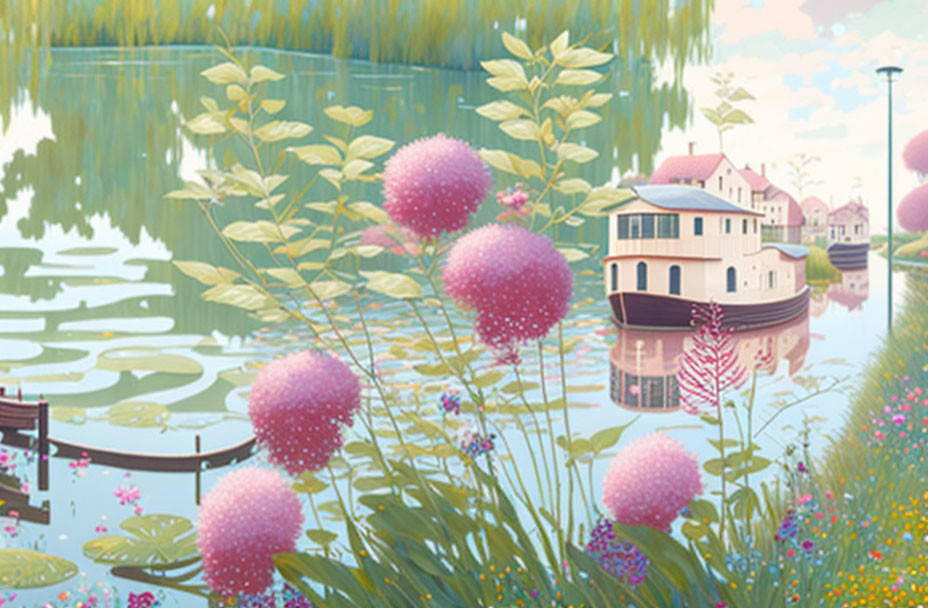 Tranquil river landscape with boat, greenery, pink flowers, village, and pastel sky