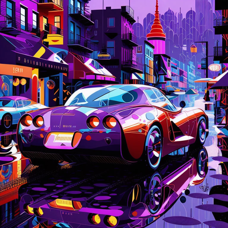 Colorful city street scene with purple sports car and neon signs