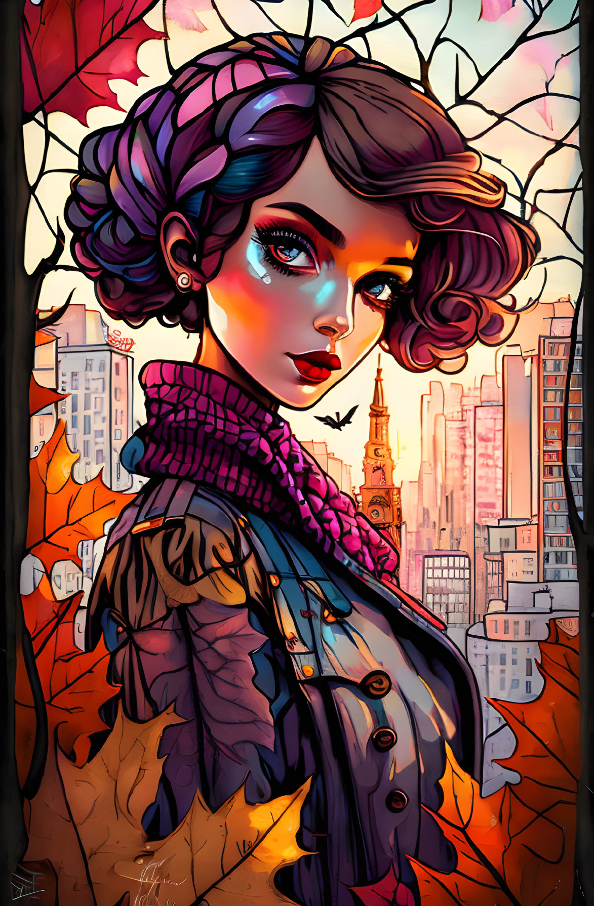 Stylized woman with purple hair and scarf in autumn cityscape illustration