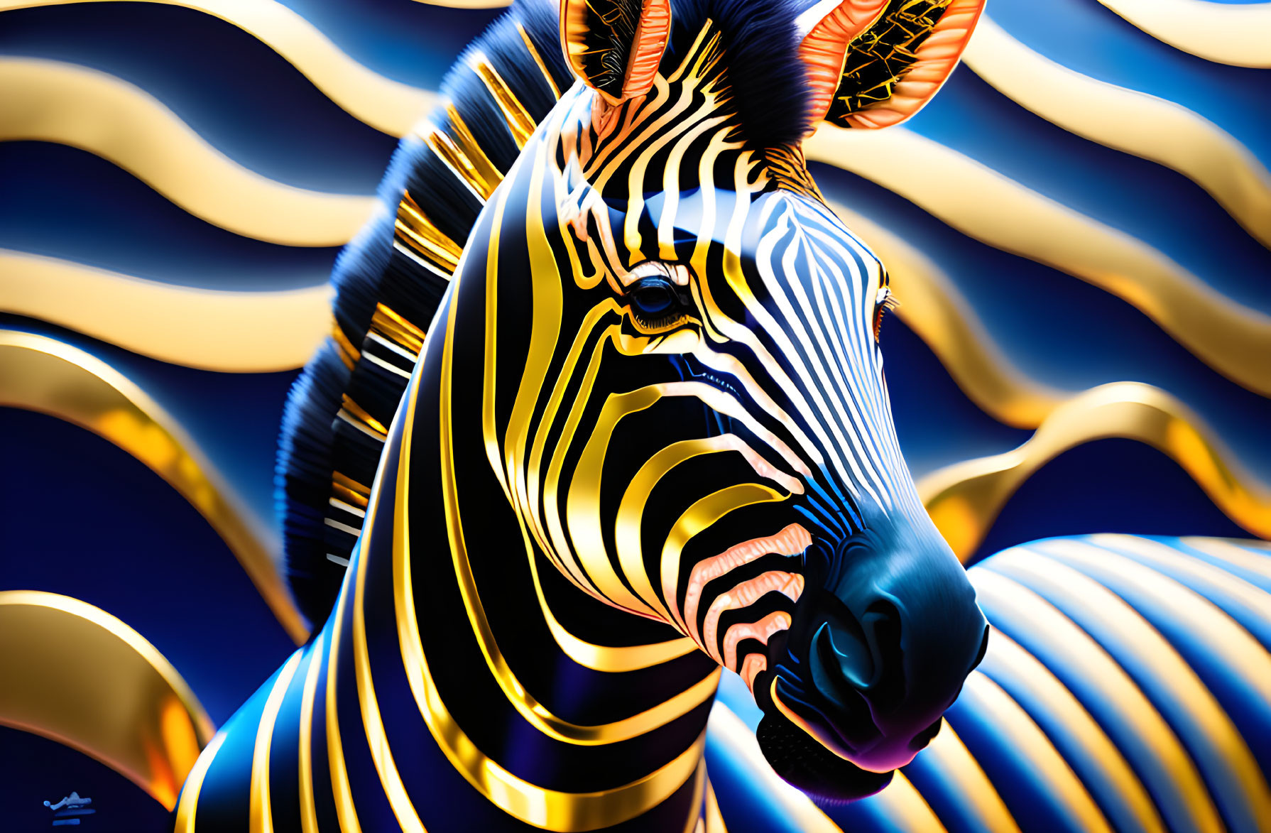 Colorful digital artwork of zebra with neon stripes on wavy background