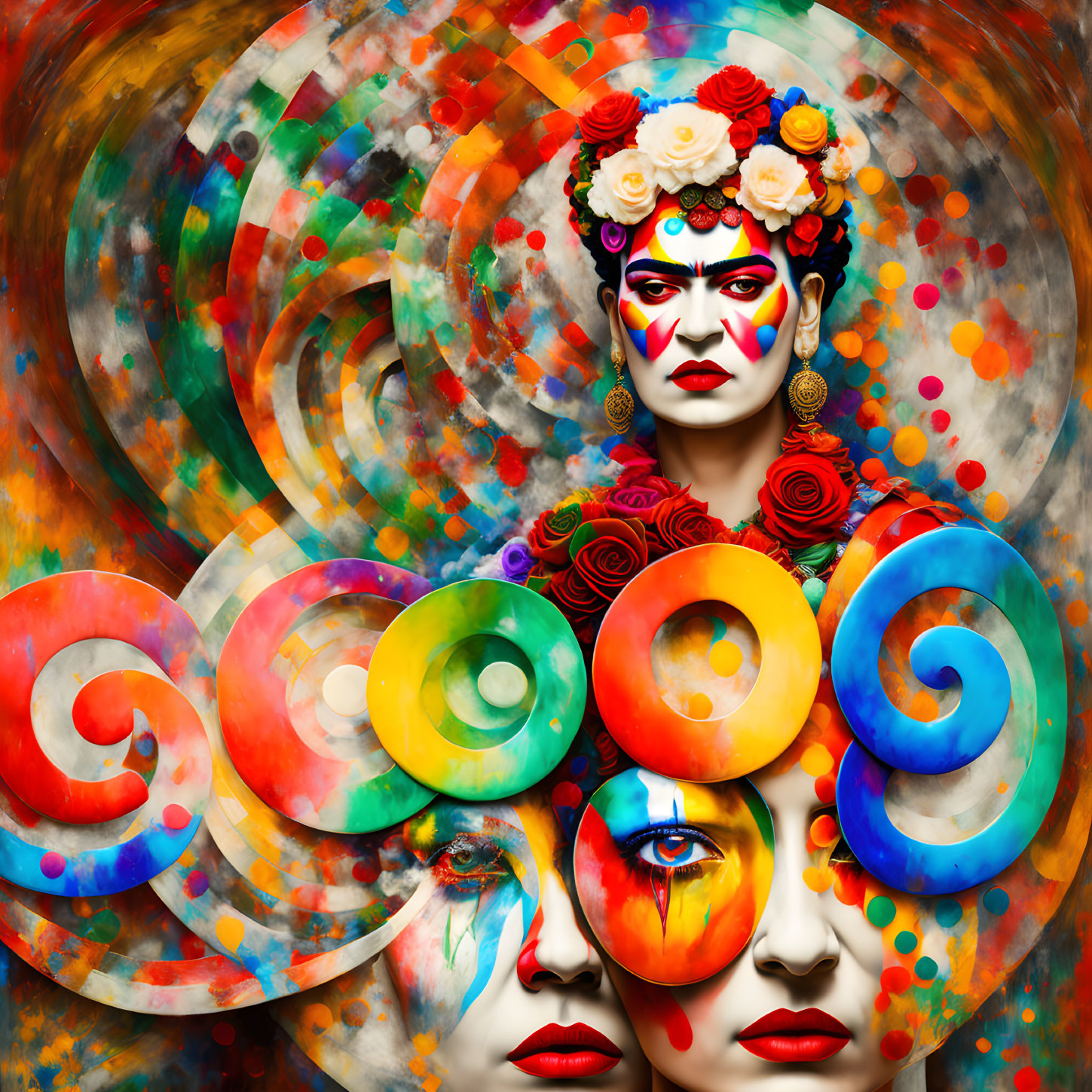 Colorful surreal portrait with central figure in floral headpiece