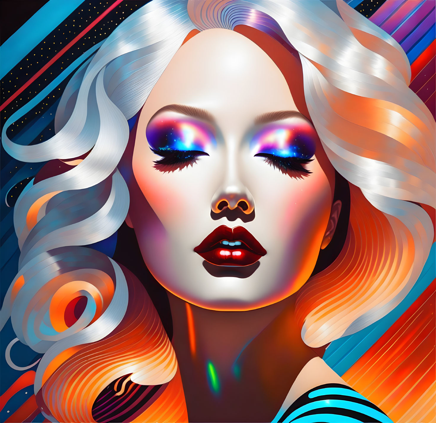 Colorful digital portrait of woman with wavy hair and cosmic backdrop