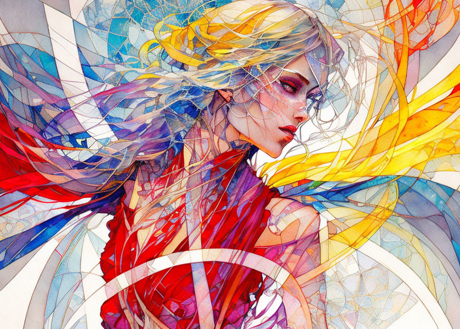 Colorful illustration: Woman's flowing hair merges with abstract shapes