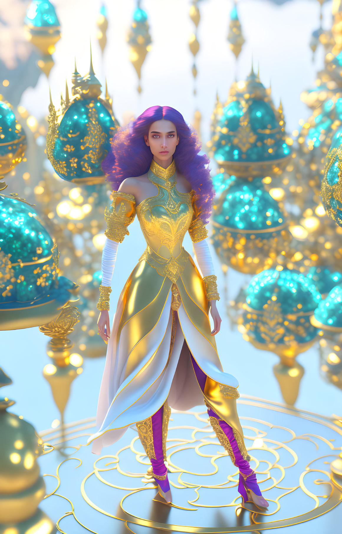 Regal female figure with purple hair in gold and white dress among golden orbs and intricate patterns.