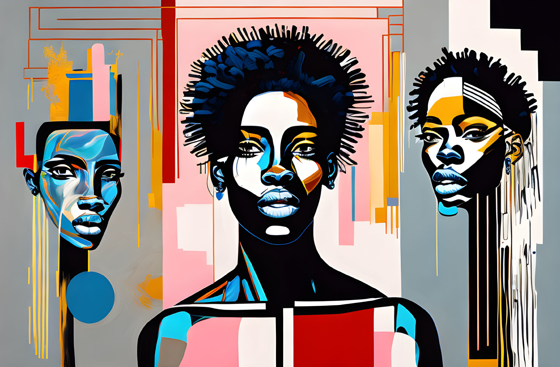 Vibrant abstract painting with stylized women portraits on geometric backdrop