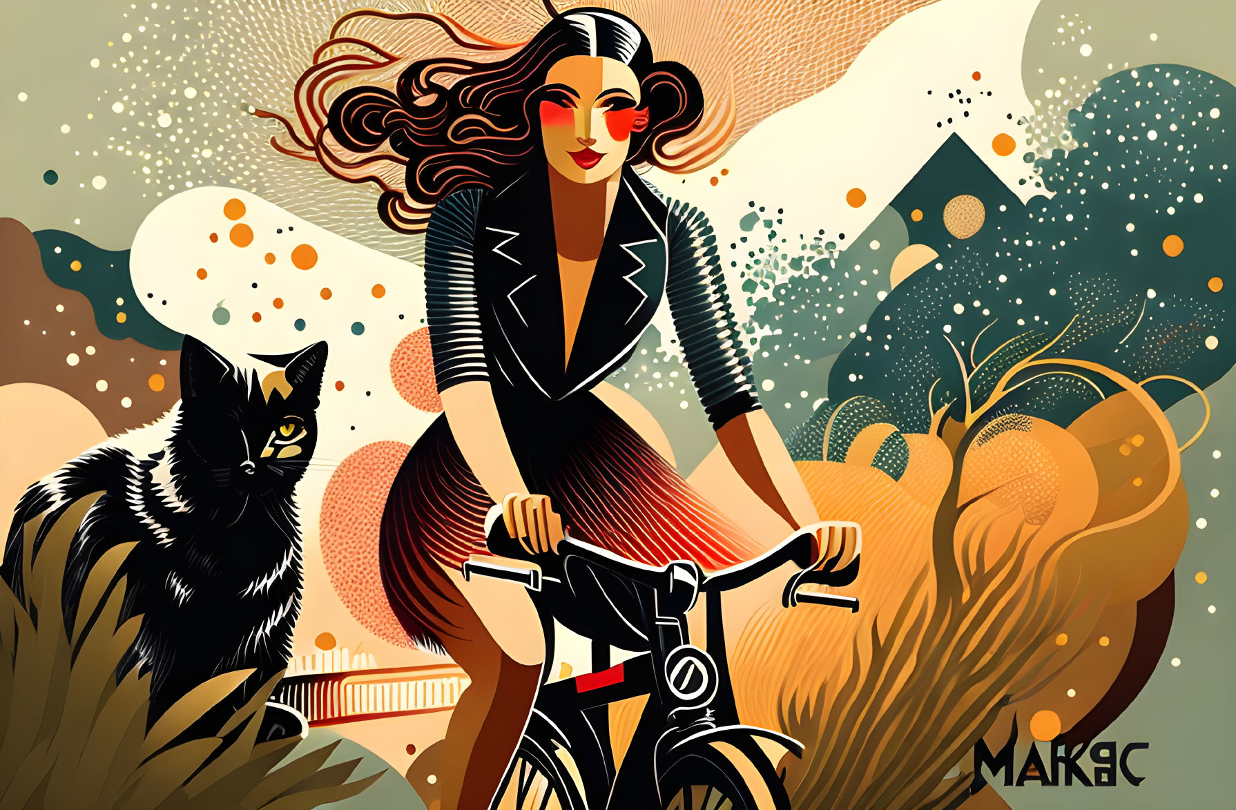 Woman with flowing hair rides bicycle with black cat in artistic illustration