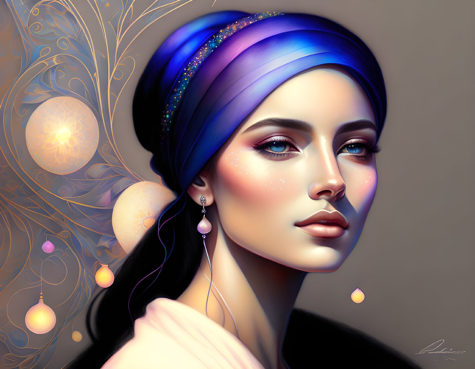 Vibrant digital portrait of a woman with blue headscarf and sparkling earrings