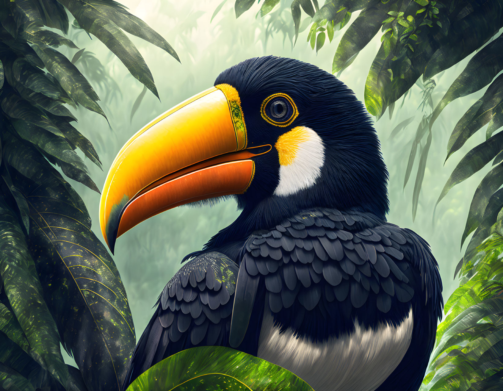 Colorful Toucan Close-Up Among Green Jungle Foliage