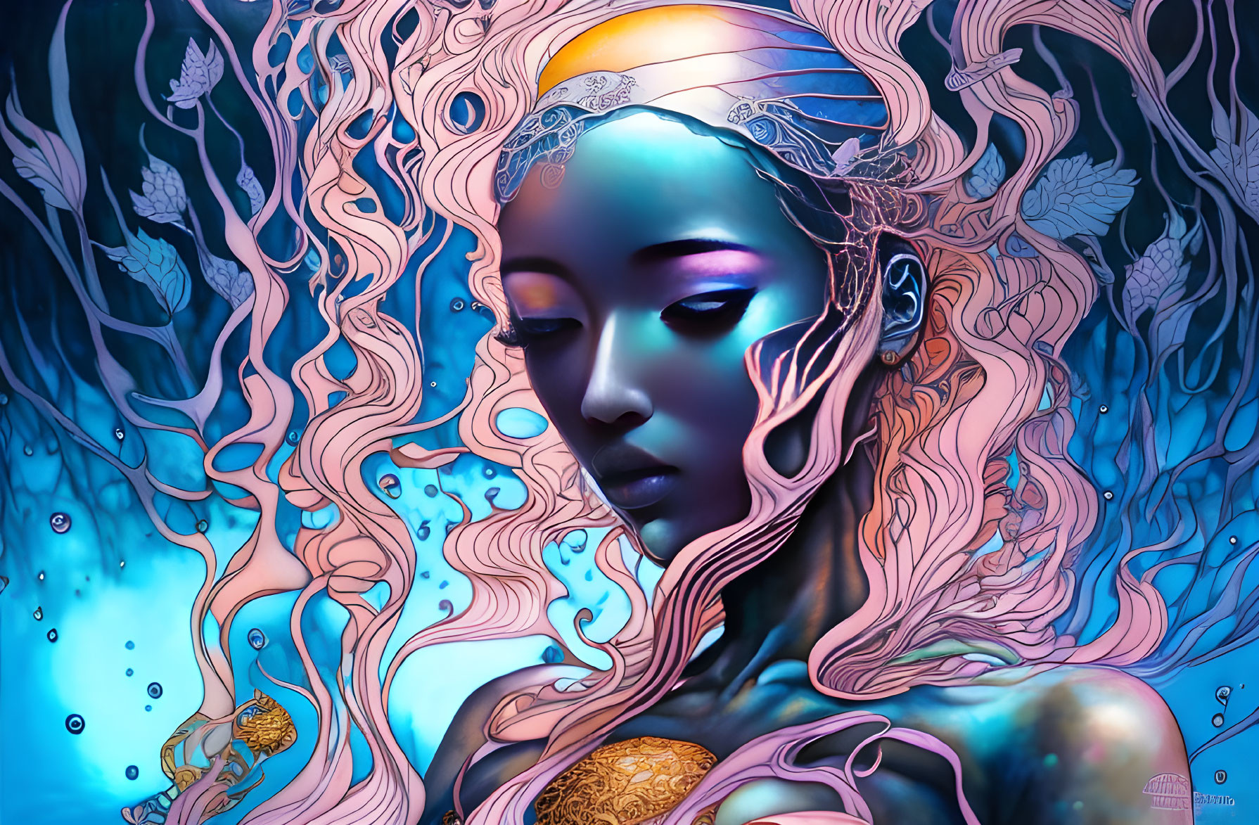 Colorful illustration of woman with blue skin and pink hair among fish and underwater flora.