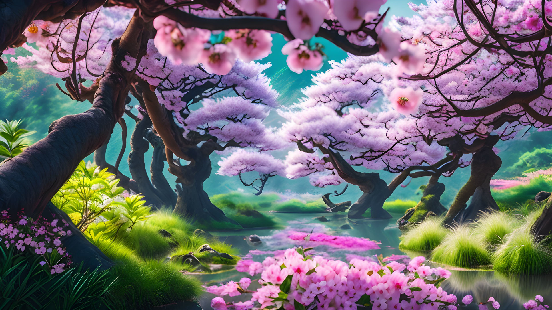 Lush forest with vibrant cherry blossoms and serene river