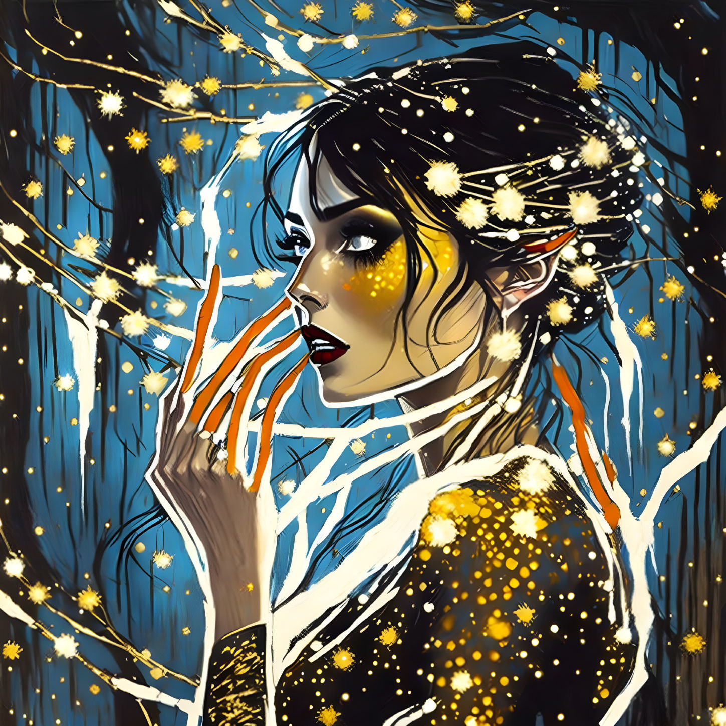 Dark-haired woman surrounded by stars and branches in night sky.