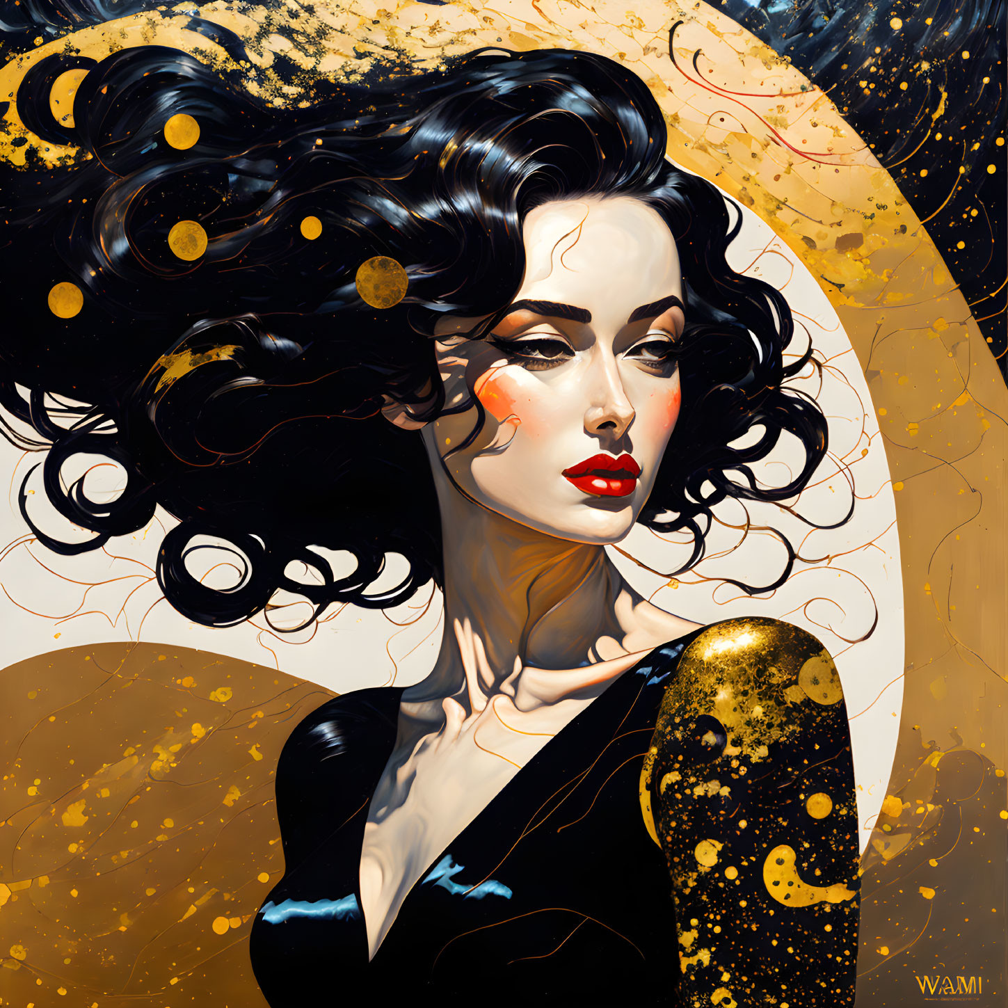 Dark-haired woman with red lips in gold and black swirl backdrop