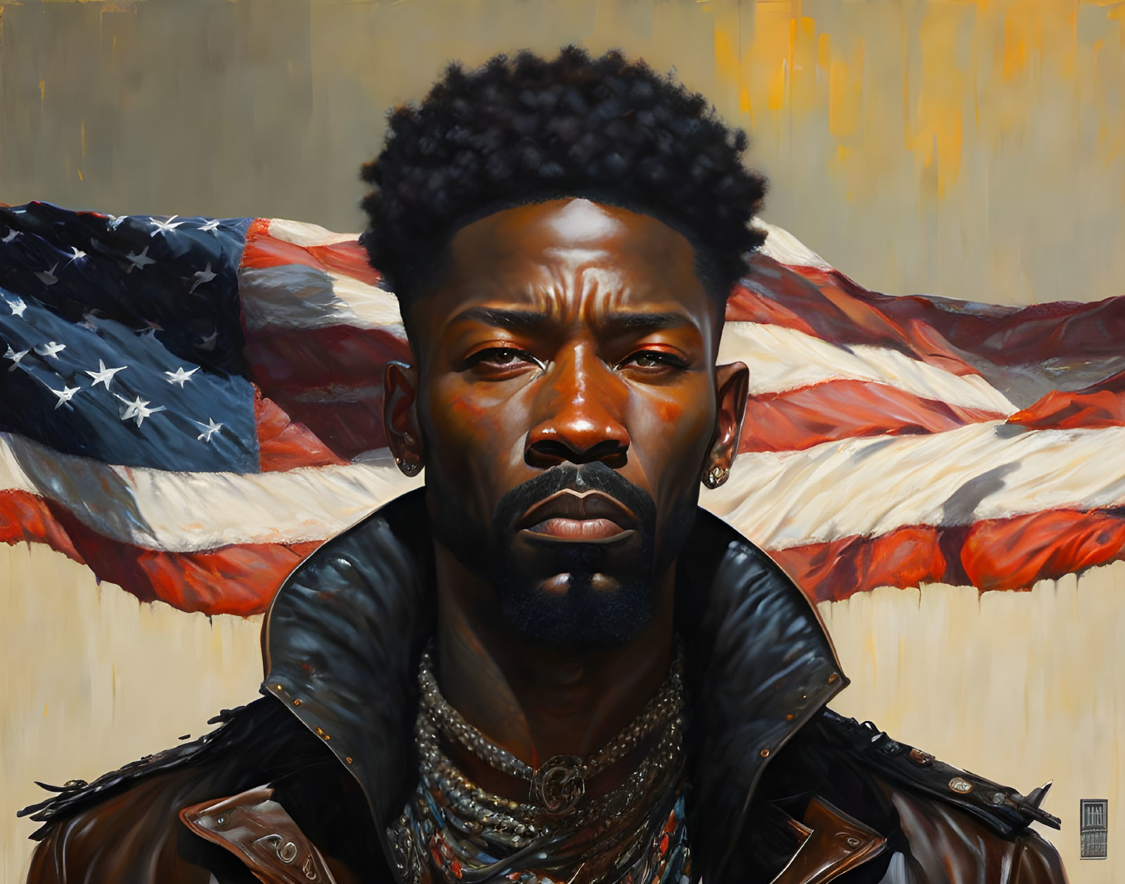 Detailed portrait of a man in leather jacket with stern expression and American flag background