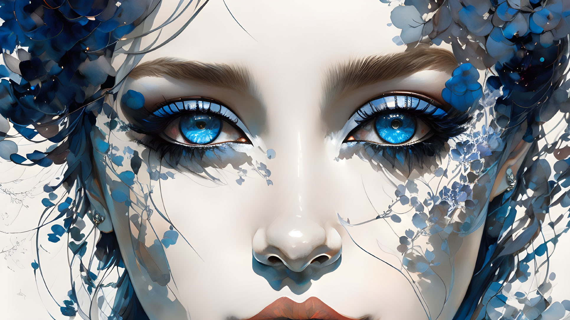 Woman's Face Digital Artwork with Piercing Blue Eyes and Floral Design Integration