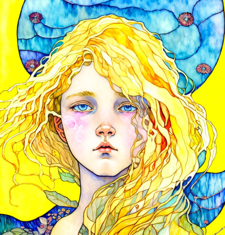 Curly Golden-Haired Girl with Blue Eyes Surrounded by Blue Flowers