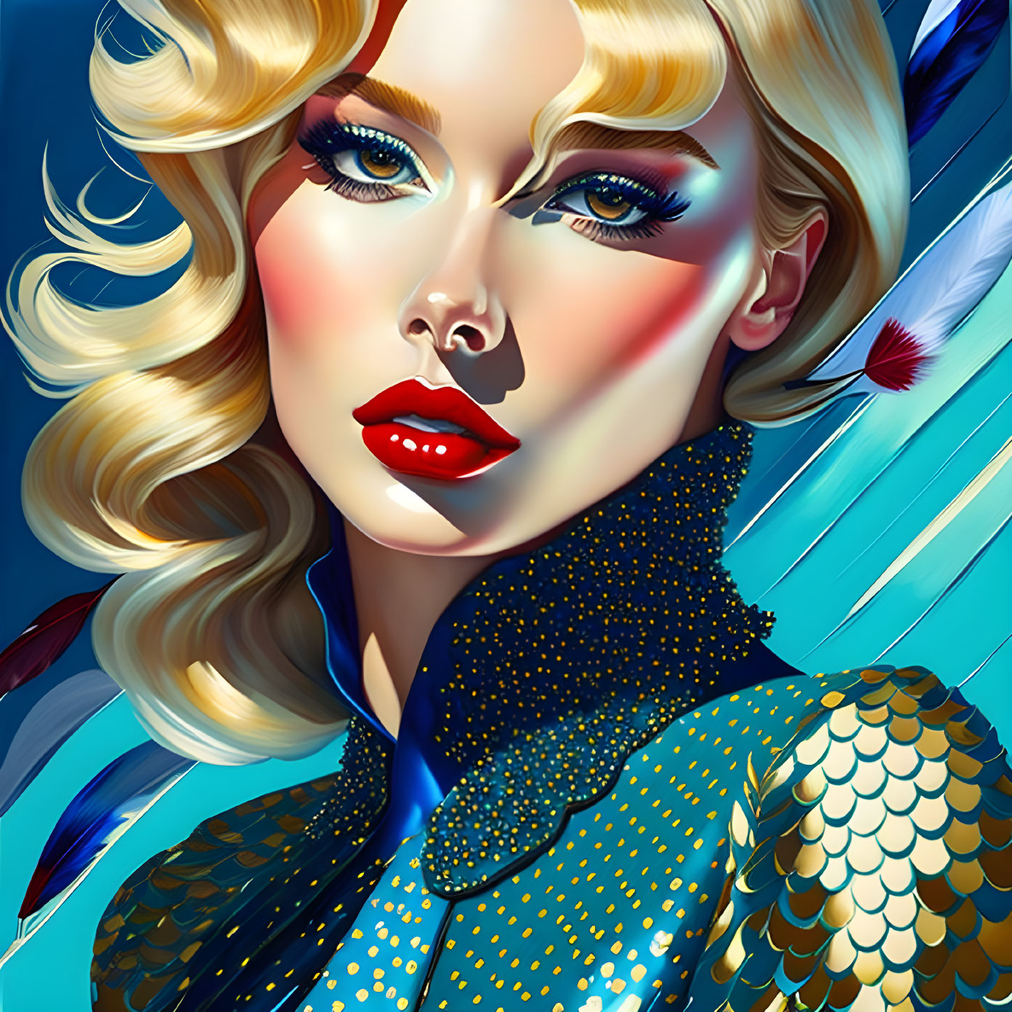 Mermaid-themed woman illustration with golden hair, blue scales, and feather adornments