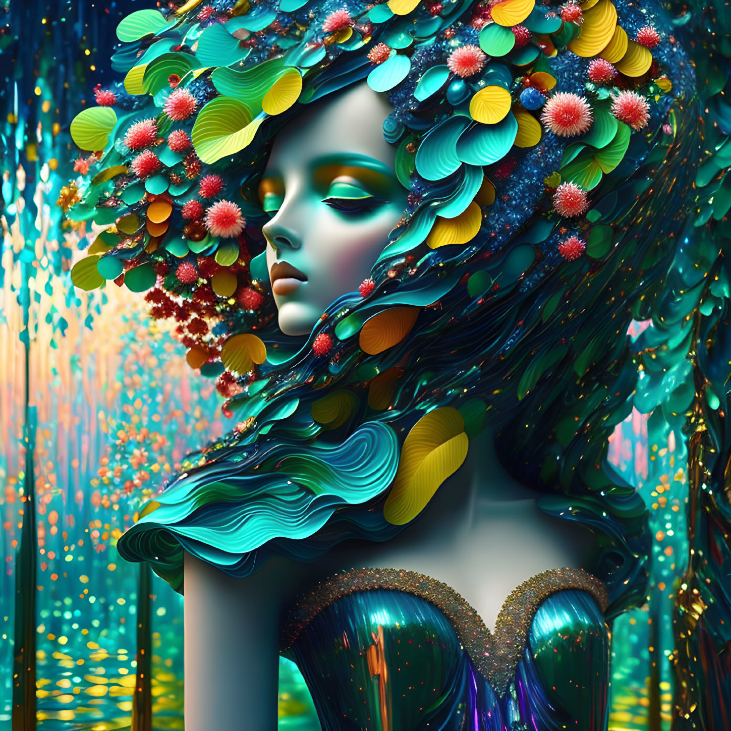 Colorful digital artwork of woman with floral hair on iridescent backdrop