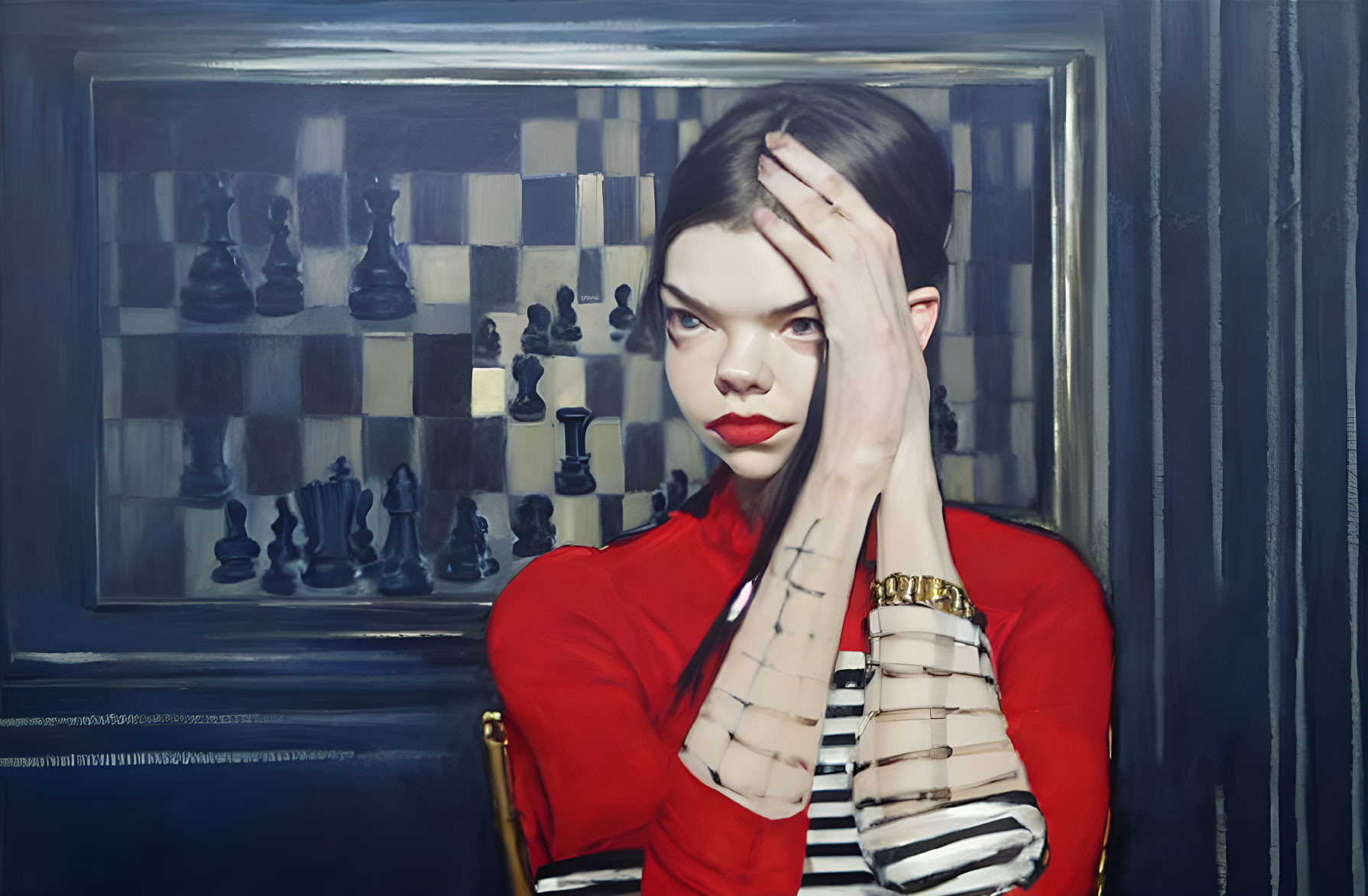 Person in Red Top with Striking Red Lips Poses Thoughtfully by Chessboard