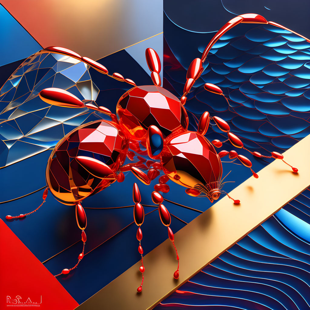 Vibrant 3D rendering: Red mechanical ant on geometric blue and red background