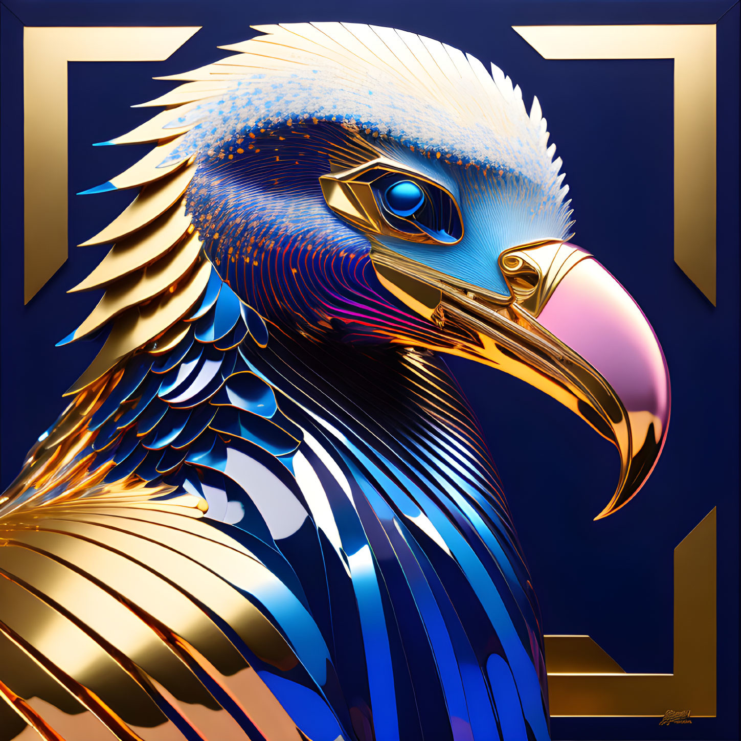 Metallic Eagle Head Illustration in Blue and Gold on Dark Background