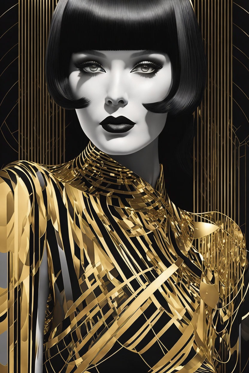 Monochrome illustration of woman with bob haircut and gold accents on striped background