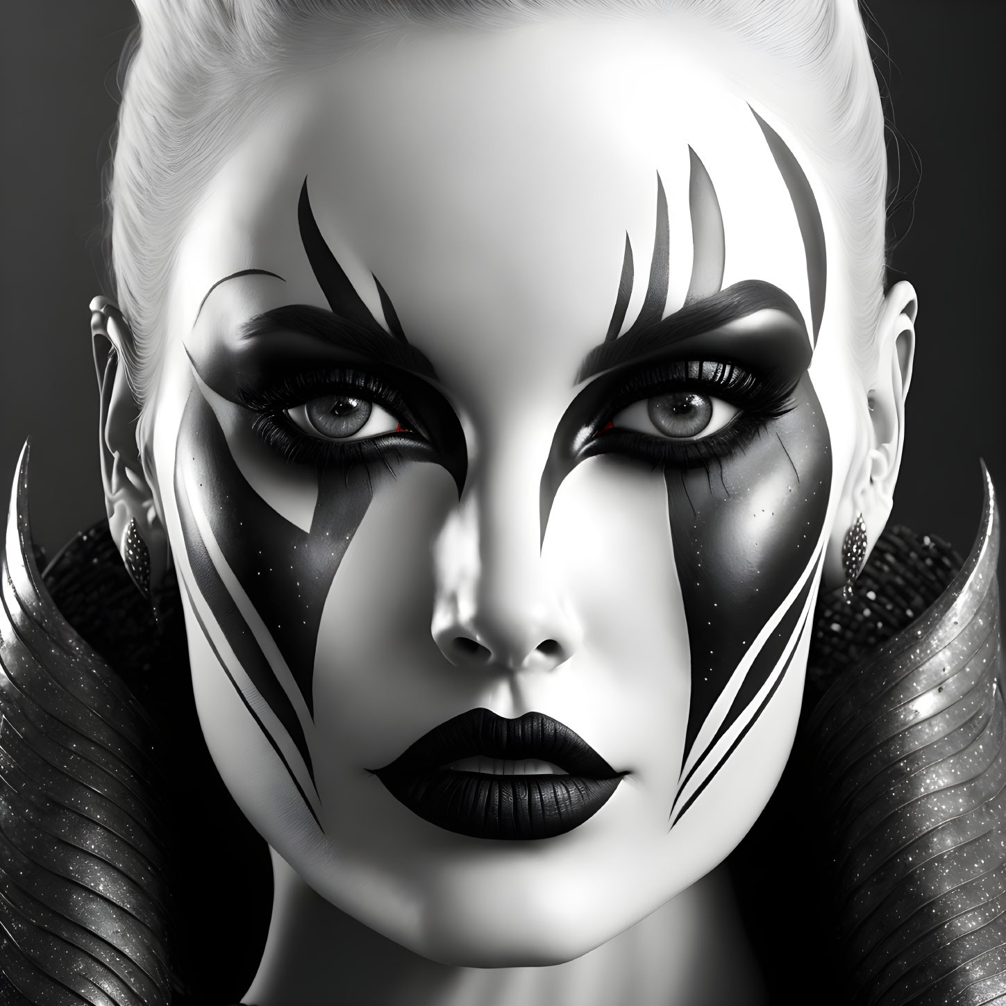 Monochrome portrait of woman with tribal-inspired makeup