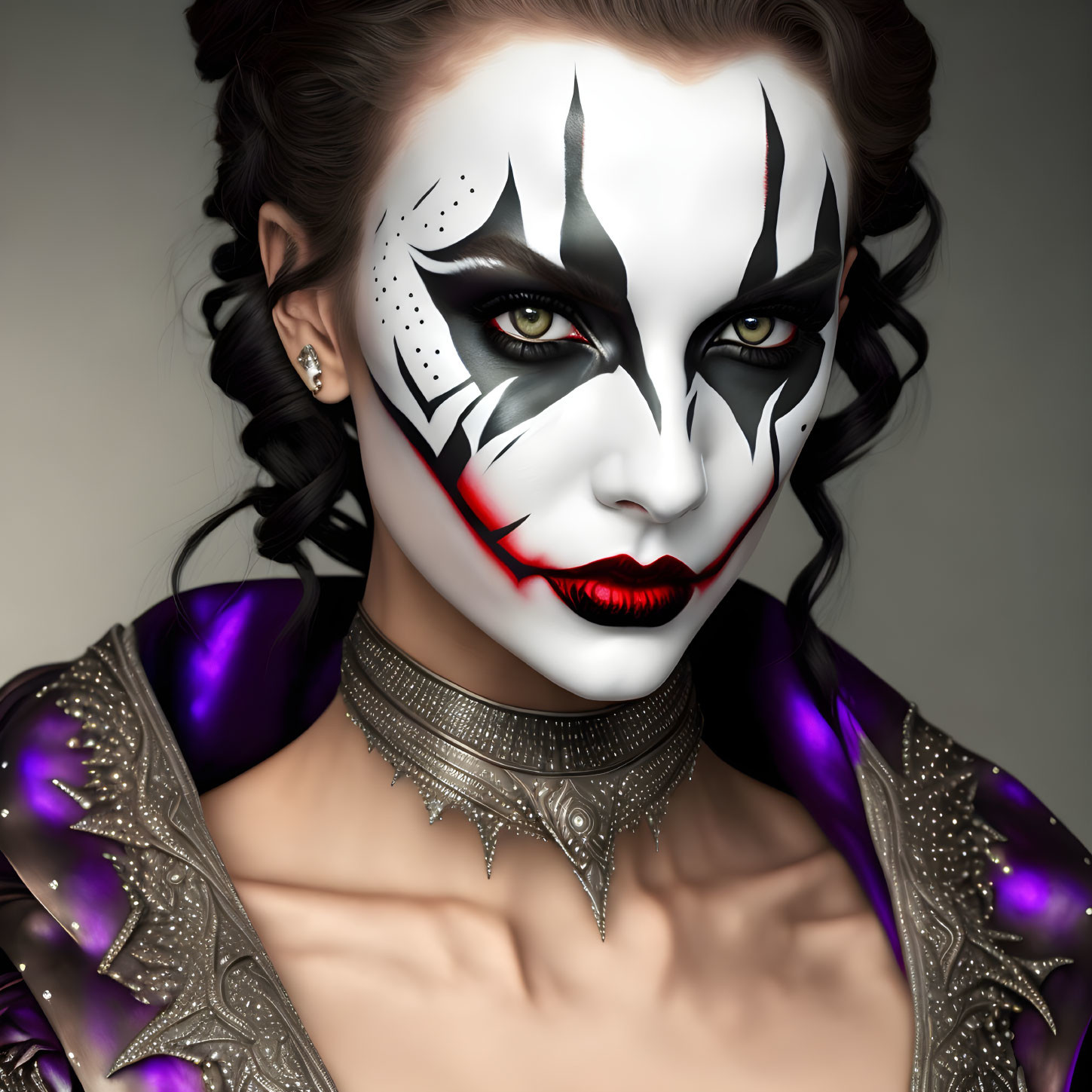 Dramatic black and white face makeup with red accents and purple outfit