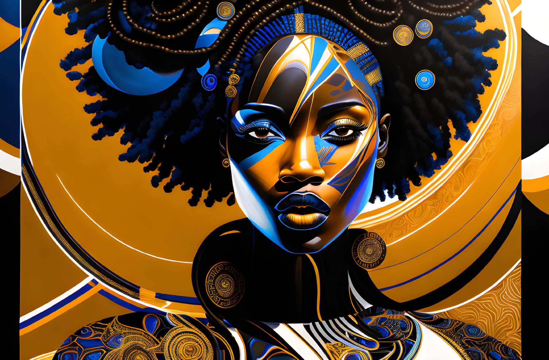 Intricate blue, gold, and black woman artwork blending modern and traditional aesthetics