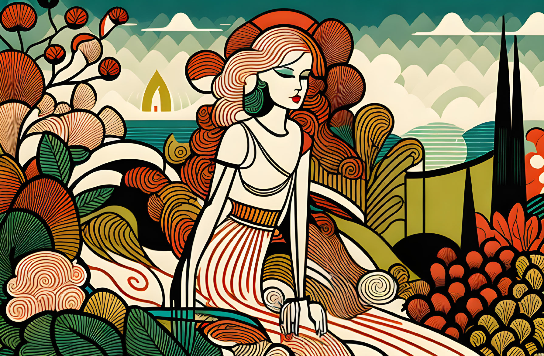 Stylized illustration of woman with red hair in natural landscape