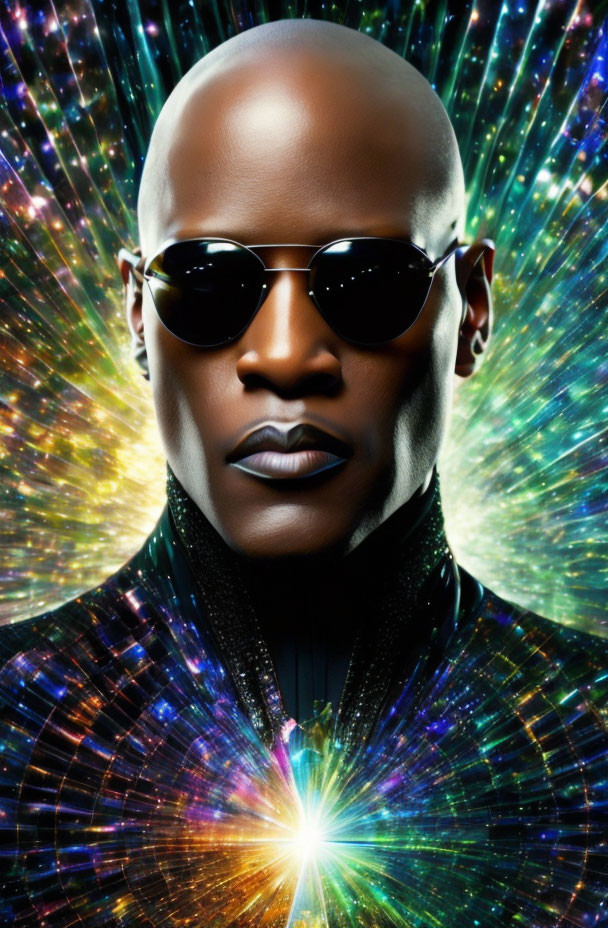 Confident Figure with Bald Head and Vibrant Background